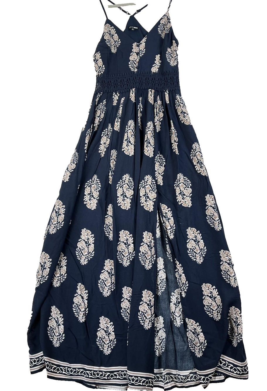 Fashion Nova Maxi Dress Medium Holy Slit Dress Navy Blue White Paisley High Slit